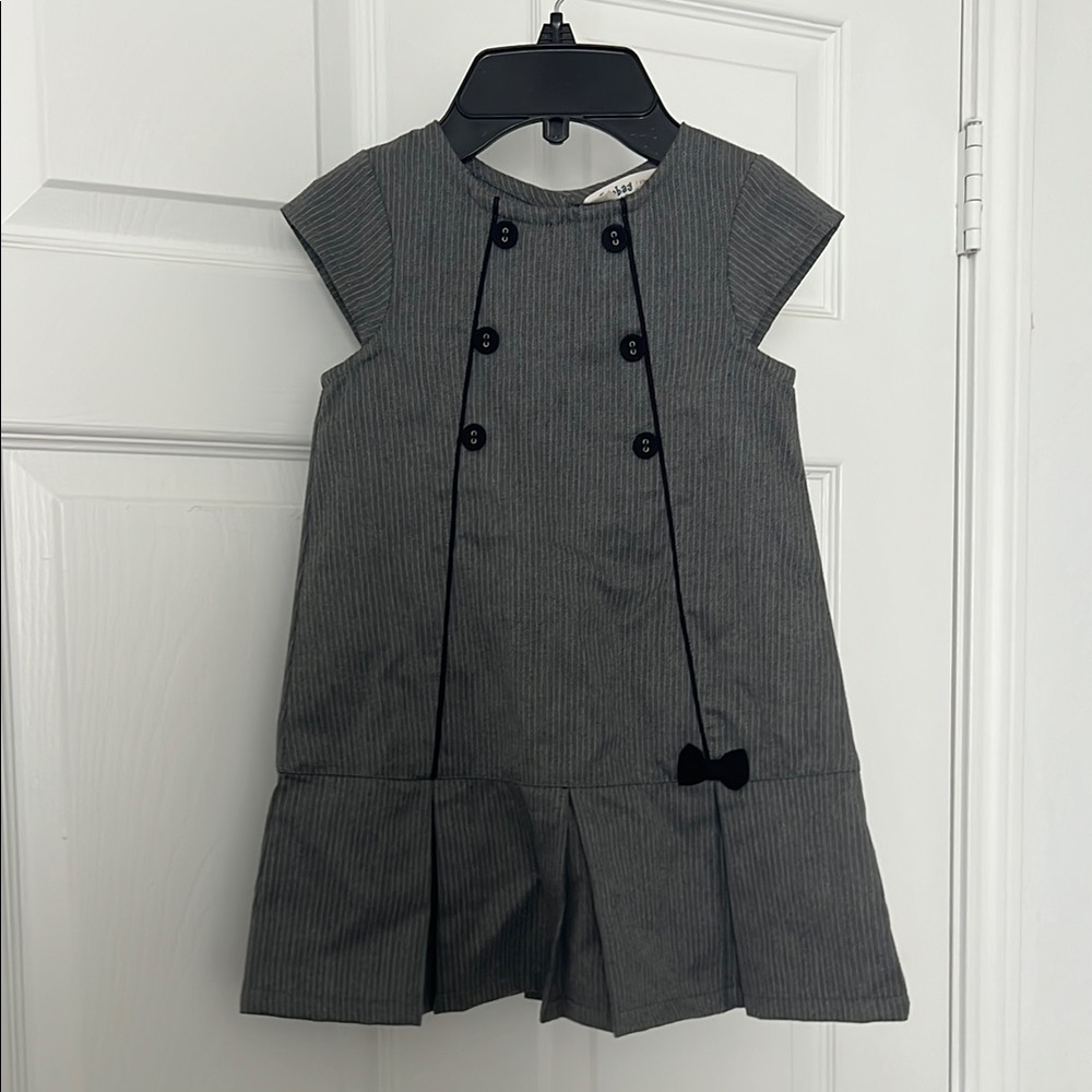Gray Pinstripe Kids Dress with Bow Accent